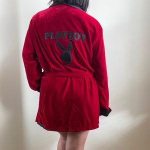 Playboy inspired velvet robe, very Hugh Hefner-ish